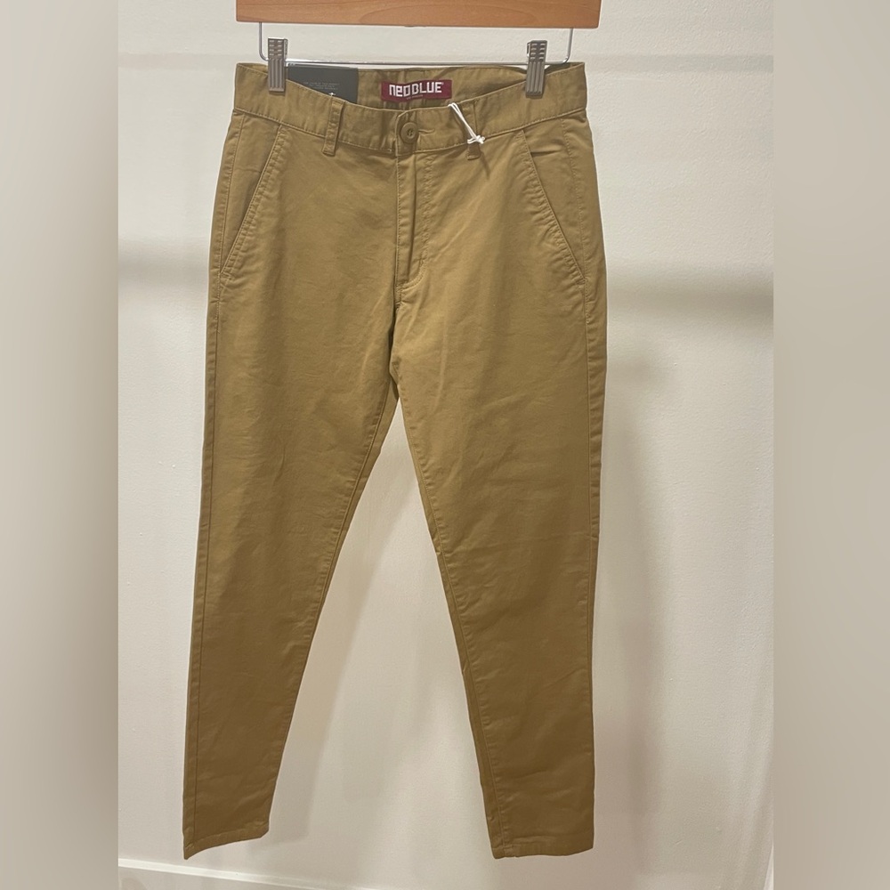 Neo Blue Mens Flat Front Chino Pants Size 28 Tan Skinny Twill Stretch Trousers